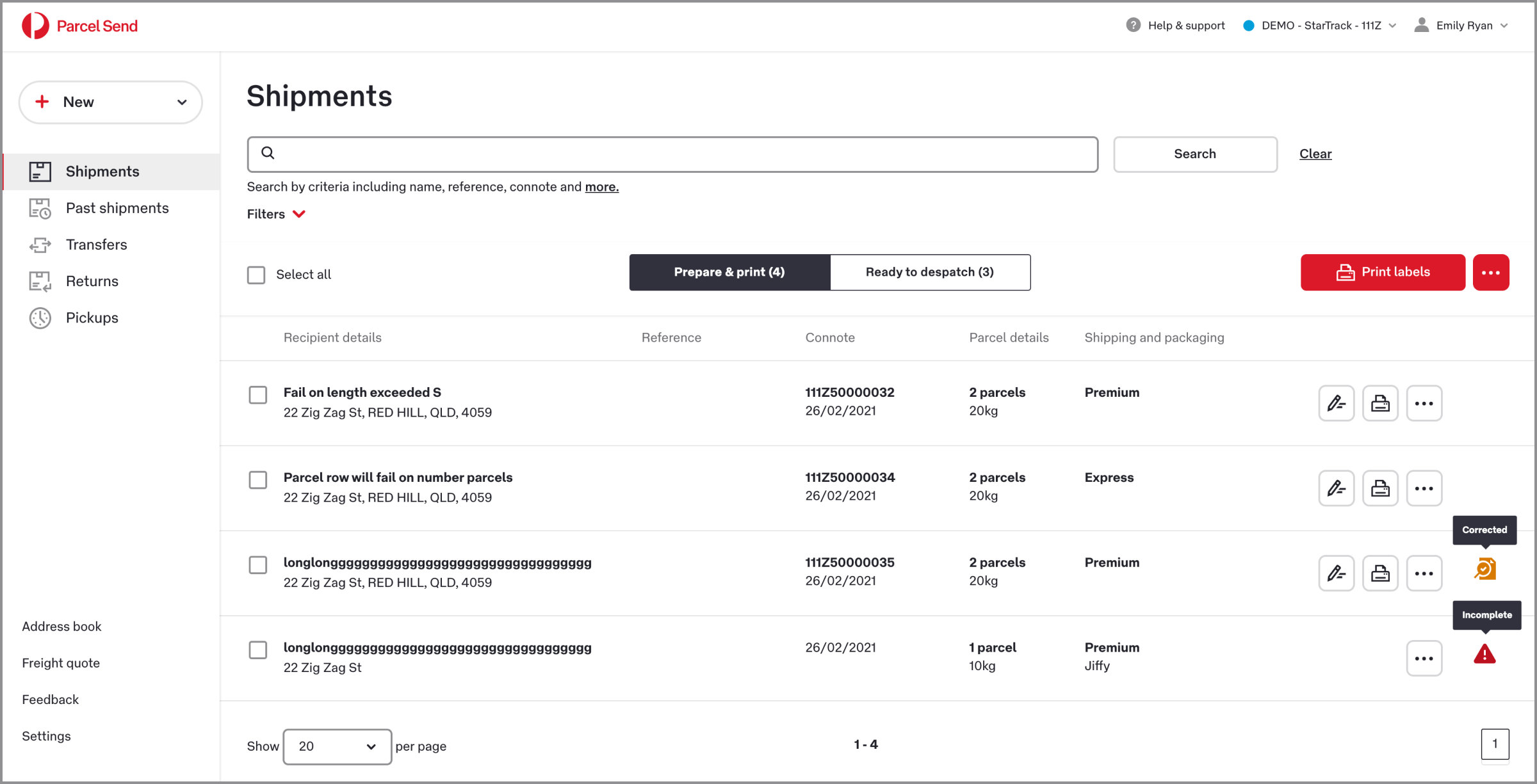 Screenshot of shipment list