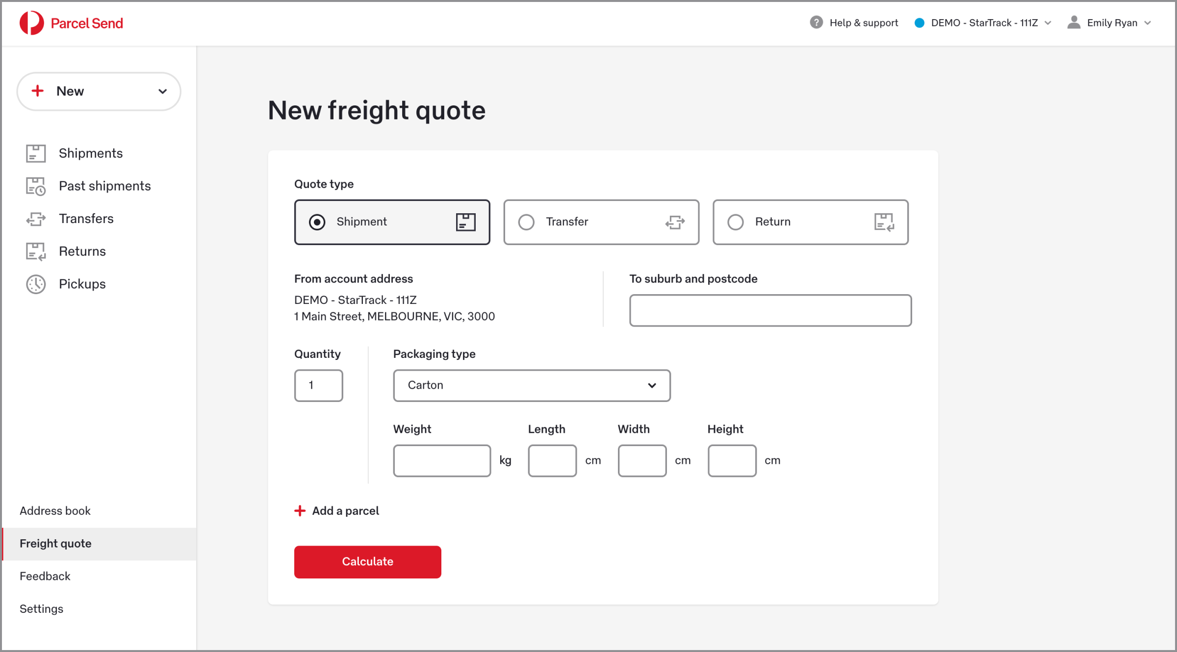 The freight quote calculator has three option buttons at the top for creating different types of quotes. The buttons read Shipment, Transfer, and Return. 