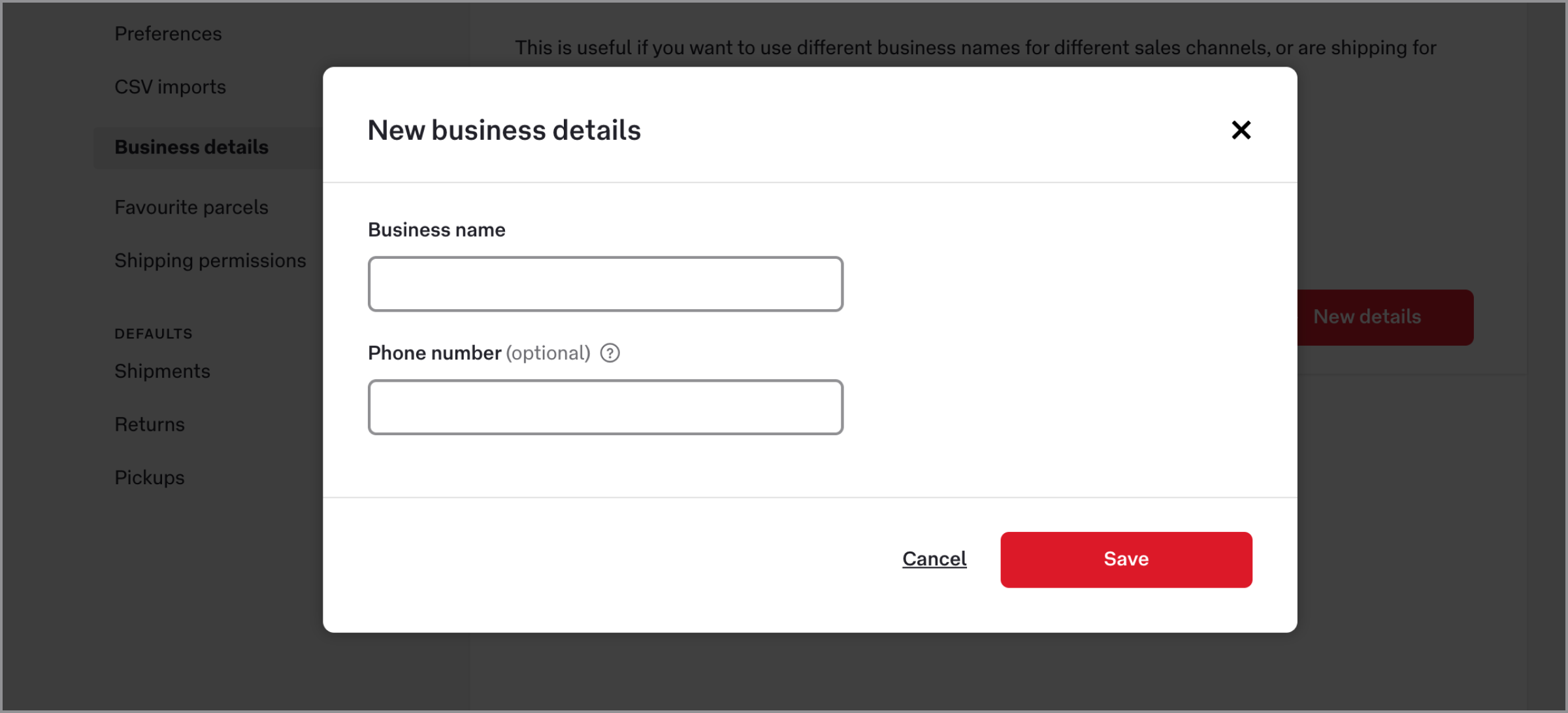 screenshot use different business details add startrack