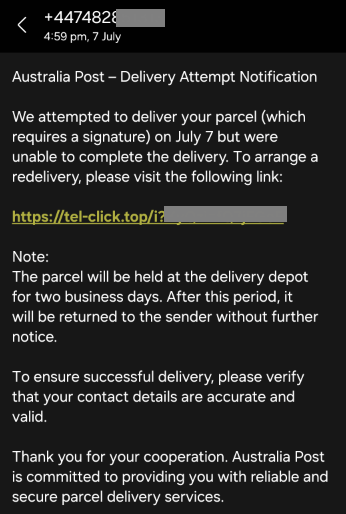 A smartphone screenshot showing a text message impersonating Australia Post. The message claims a parcel delivery attempt was unsuccessful and asks the recipient to select a link to arrange redelivery. It states the parcel will be held for a limited time before being returned to the sender and includes a suspicious website address. The sender's phone number has been partially obscured.