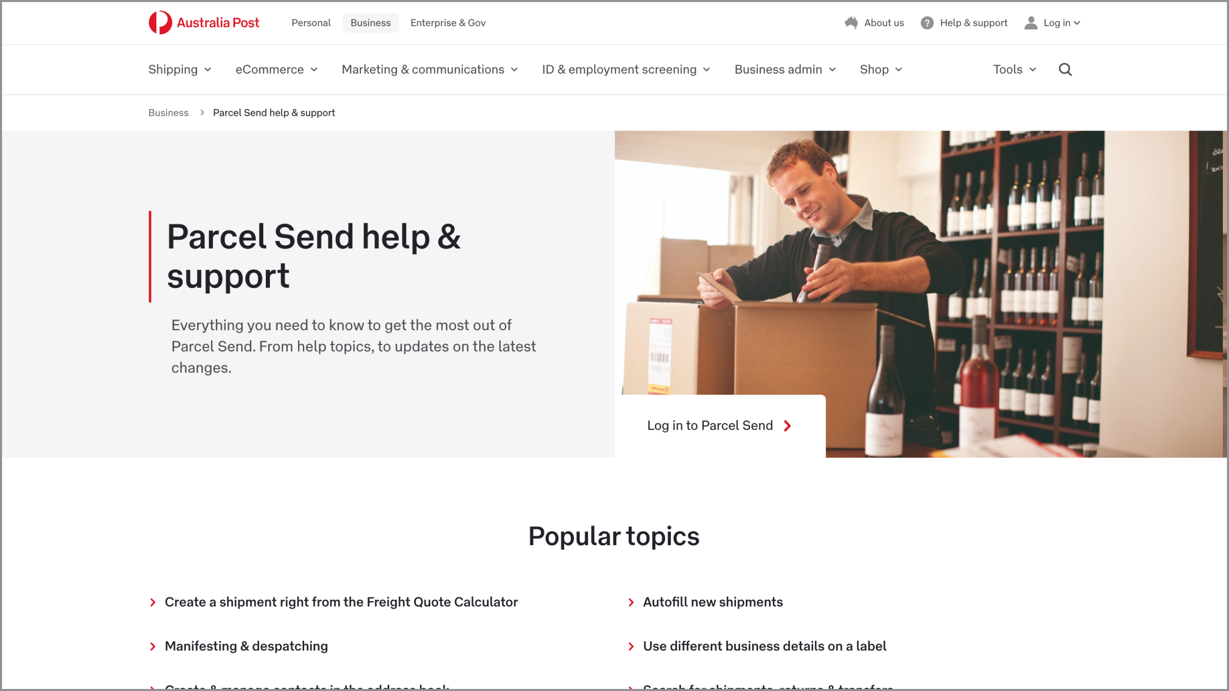 Screenshot of homepage of Parcel help and support
