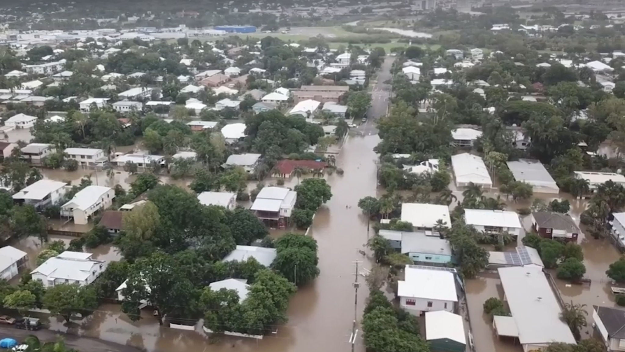 Aerial view of a flooded town