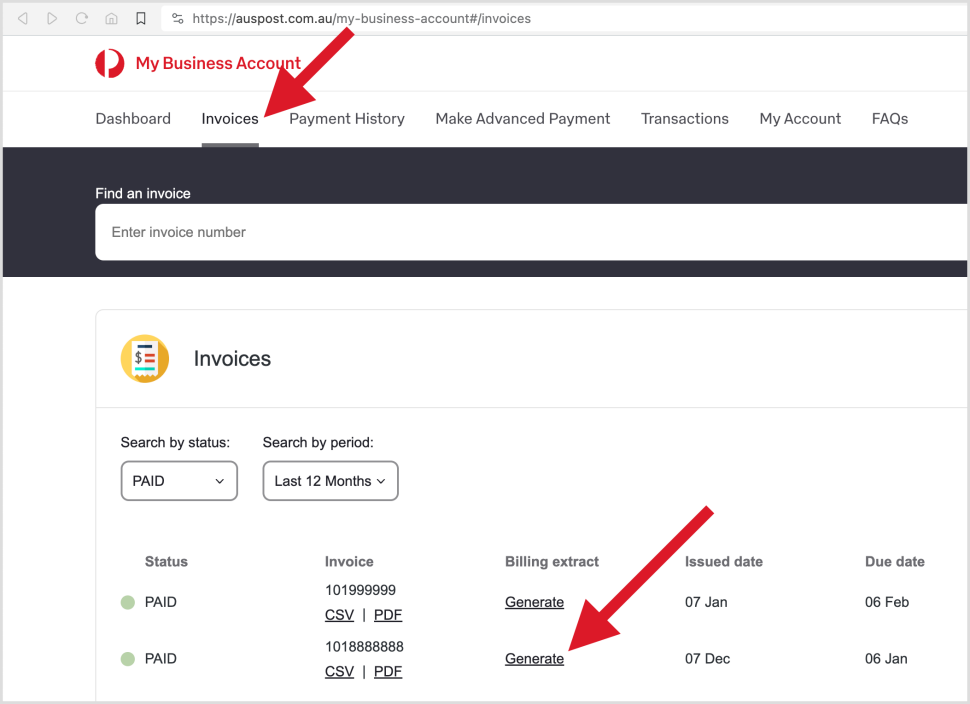 My Business Account 'Invoices' page., under the 'Billing extract' column, showing 'Generate' link.