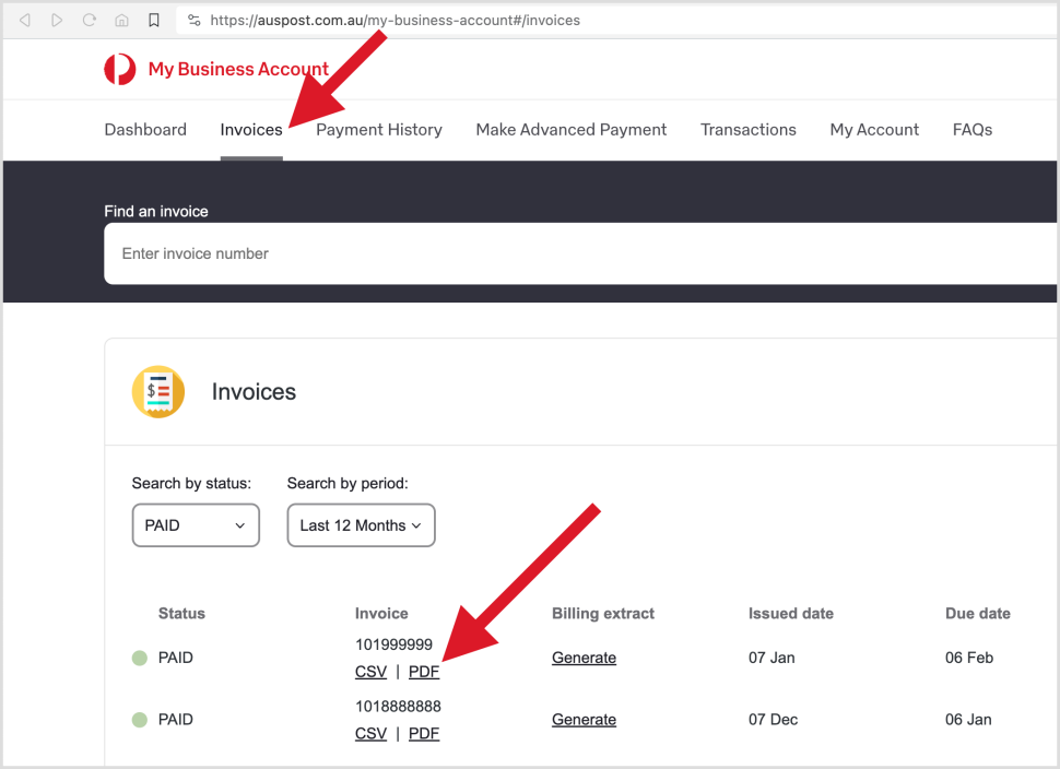 My Business Account 'Invoices' page, under the column 'Invoice',  showing 'PDF' download link.