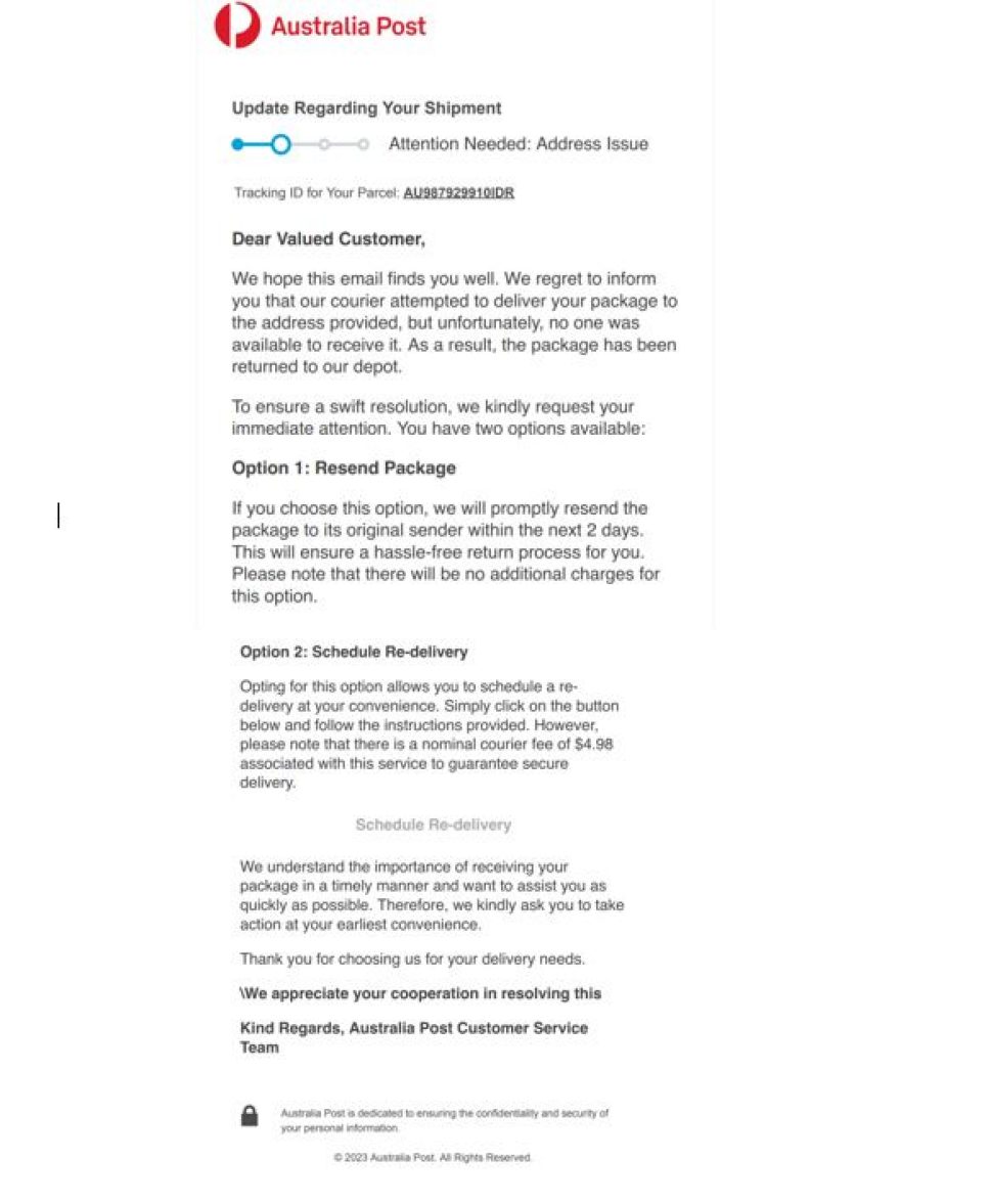 An email shown with the Australia Post Logo staying there needs to be an update regarding your shipment. Accompanying that is the ID for the parcel “AU987929910IDR”. It has options on what to do next one being resend package while the other is schedule redelivery. There is a greyed text Schedule Re-delivery which is the link to the site. 