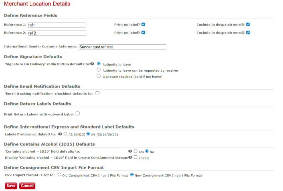 Screenshot of eParcel's Merchant Location Details screen