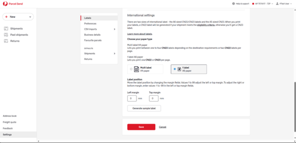 Screenshot of Parcel Send platform on the Settings screen in the label preferences tab, International settings section.