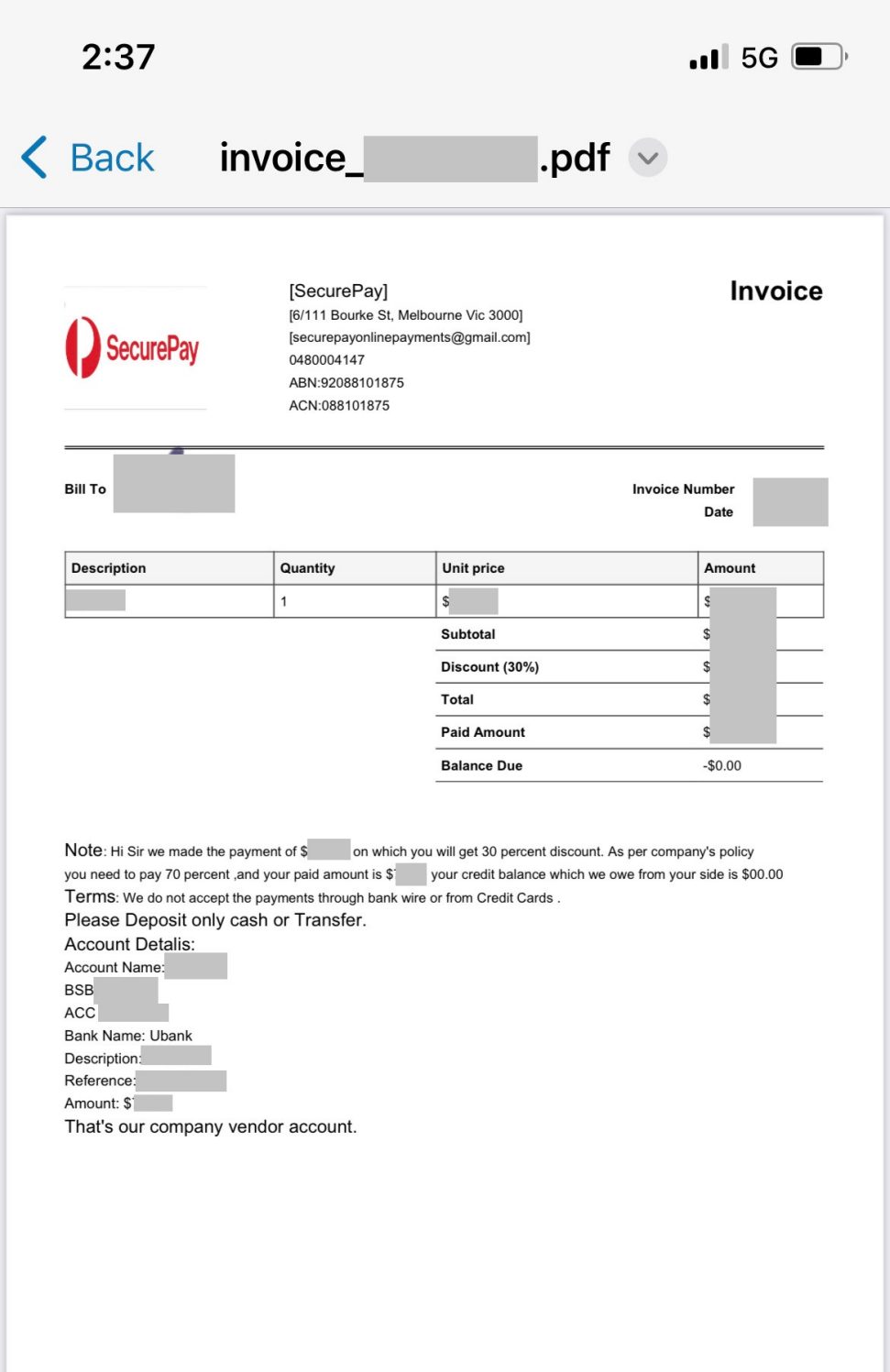 Screenshot of a pdf is shown with SecurePay logo and some transactional details on a table. The name, account details, transactional values are masked.
However it shows that a 30% discount is offered and that the remaining balance has to be paid to a bank account.