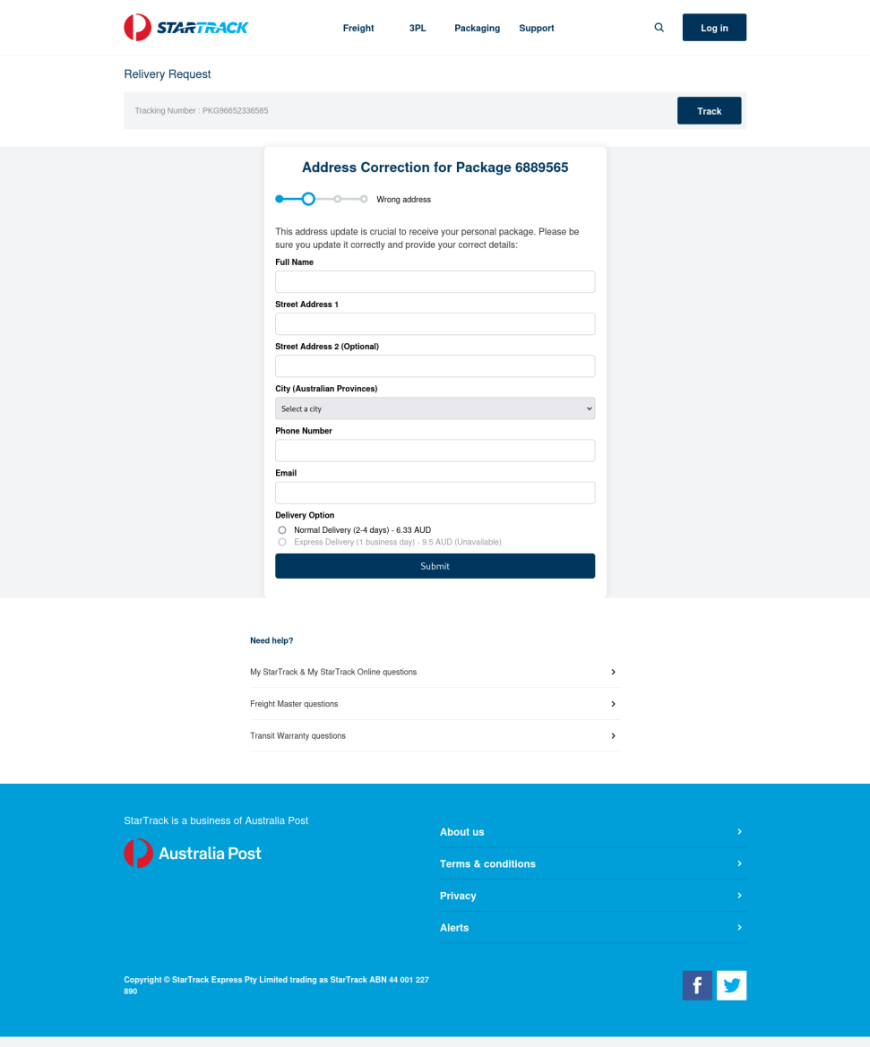 This webpage displays a form titled “Address Correction for Package 6889565.” It prompts the user to enter their full name, address details, phone number, and delivery option. The page includes StarTrack and Australia Post branding, as well as links to Freight, JPL, Packaging, Support, and Terms & Conditions.