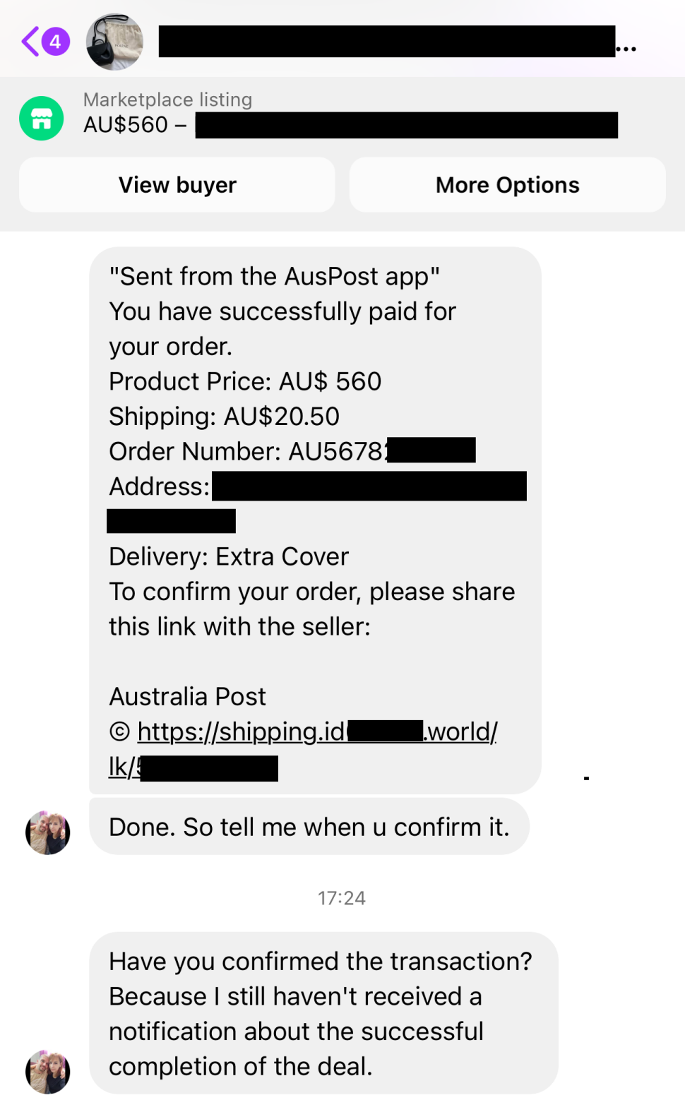 A screenshot of a Facebook Marketplace chat showing a fake payment confirmation message claiming to be sent from the AusPost app. It includes details like the product price, shipping cost, an order number, and a suspicious link to confirm the order. The seller asks if the transaction has been confirmed.