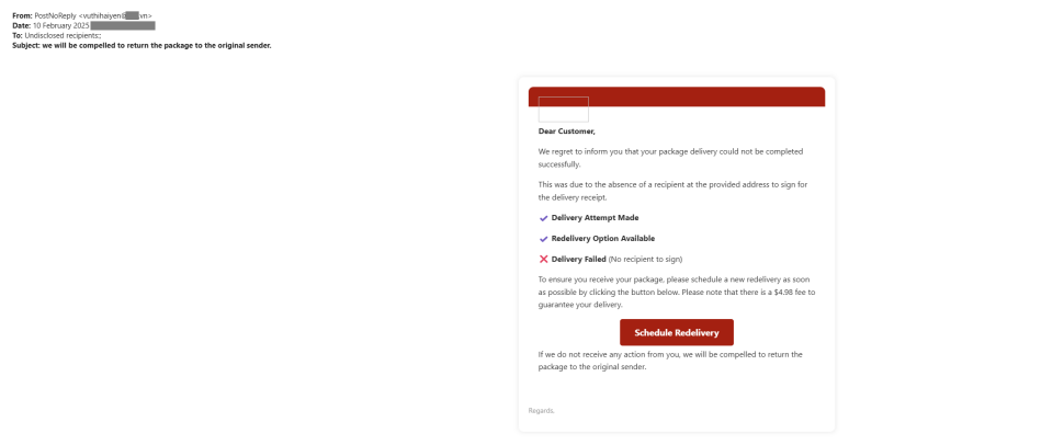 A phishing email impersonating a delivery service claims a package could not be delivered due to no recipient being available to sign. It offers a redelivery option for a $4.98 fee and urges the recipient to click a 'Schedule Redelivery' button. 