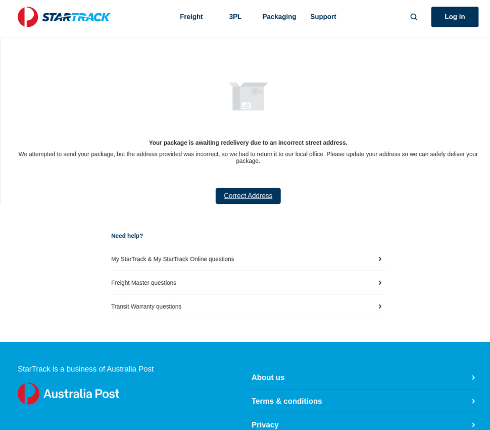 A form titled "Address Correction for Package 6889565" with fields for the recipient's name, address, city, phone number, and email. It includes options for delivery type, specifying "Normal Delivery" with a charge of 6.33 AUD, and "Express Delivery," which is marked unavailable. The form is labeled as crucial to receive the package and includes a "Submit" button at the bottom.